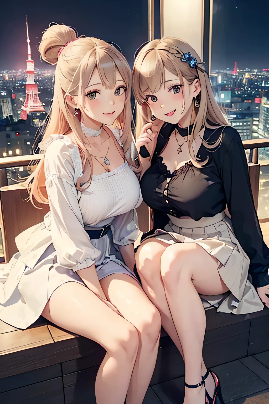 highest quality、High resolution、Detailed Background、(Beautiful face in every detail:1.4)、Anatomically correct、(Detailed facial expressions)、(Detailed eyes:1.2)、age beauty、(Highly detailed face:1.4)、(Huge breasts:1.3)、Cute hair colour、Braided long hair、Wavy Hairstyle、Cute hairstyle、well-groomed eyebrows、Cute Eye Makeup、Cute Lip Makeup、Perfect body line、A neat and mature impression、Cute gestures、A big smile、Accentuate your cleavage、
(Two beautiful women having a good time with a night view spot in the background:1.5)、
For tops, we recommend chiffon blouses and shirts with frills that have feminine textures and details.、The colors are light pastels and creams.、beige、Pink and other colors give a cute impression、Knee-length flared skirts and pretty wide pants are stylish.、The skirt is made of chiffon or satin、Wide pants have a waist mark、
We recommend wearing a short jacket or cardigan as a cover-up.、
While giving an elegant impression、The color is beige、gray、Plain colors such as black are basic.、
Pumps and sandals are fashionable、We recommend a heel height of about 5cm.、
The feminine decorations, such as those with straps and ribbons, create a cute atmosphere.、Earrings、necklace、It is fashionable to combine it with rings etc.、
We recommend items with elegant textures such as pearls and jewels.、
Tokyo Tower、You can see the night view of the city center、A classic night view spot、The illumination at night is especially beautiful.、Tokyo Sky Tree、Roppongi Hills Observation Deck、Tokyo Midtown、A high-rise observation deck overlooking the Shinagawa night view、Shinjuku Gyoen National Garden、Calm atmosphere、very beautiful