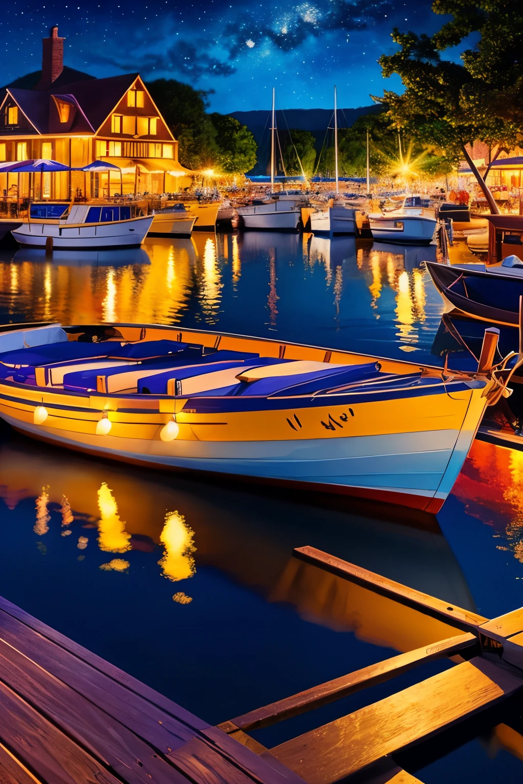An enchanting and vibrant illustration of an idyllic harbor town at night, showcasing reflections and celestial bodies in a detailed illustration style., with sailboats gently floating around them. In the background is a starry expanse filled with twinkling stars. This scene captures magic, in the style of Peter Max