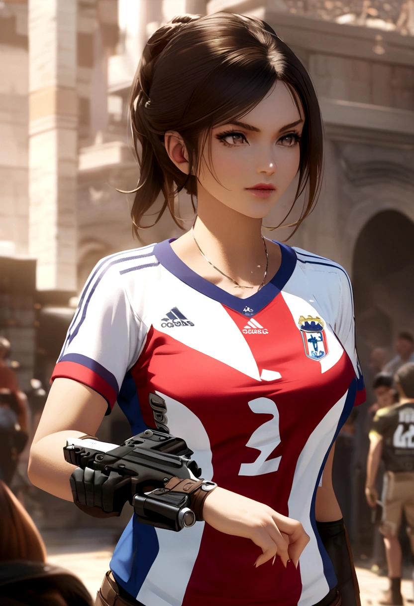 Lara Croft with her two pistols and wearing the French football team jersey