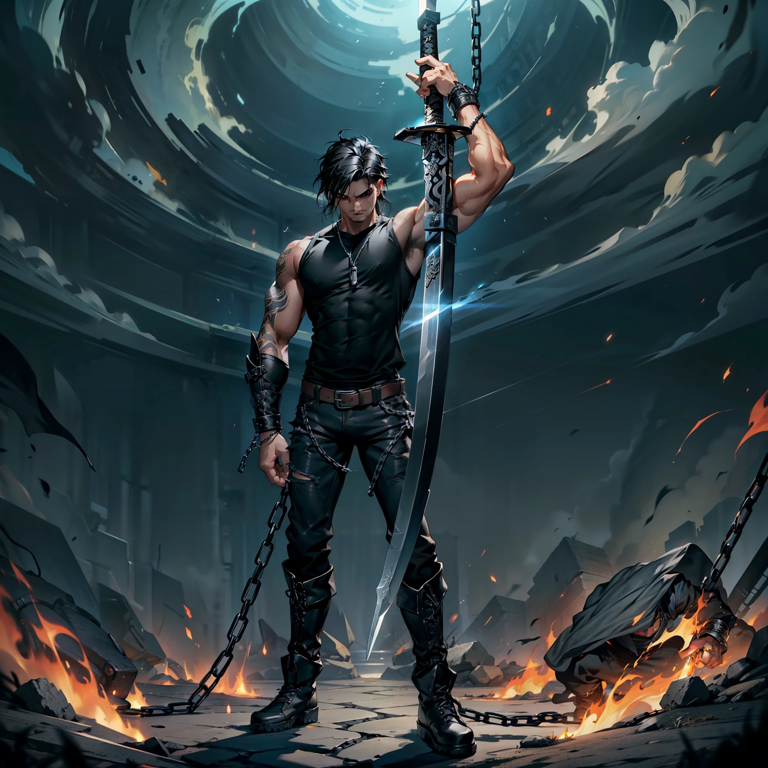 boys 26 Years old, Serious face, muscular, black hair, flowing hair, wearing ((black shirt)), sleeveless, black bootcut pants, boots, holding sword, flames, chains, giant sword   