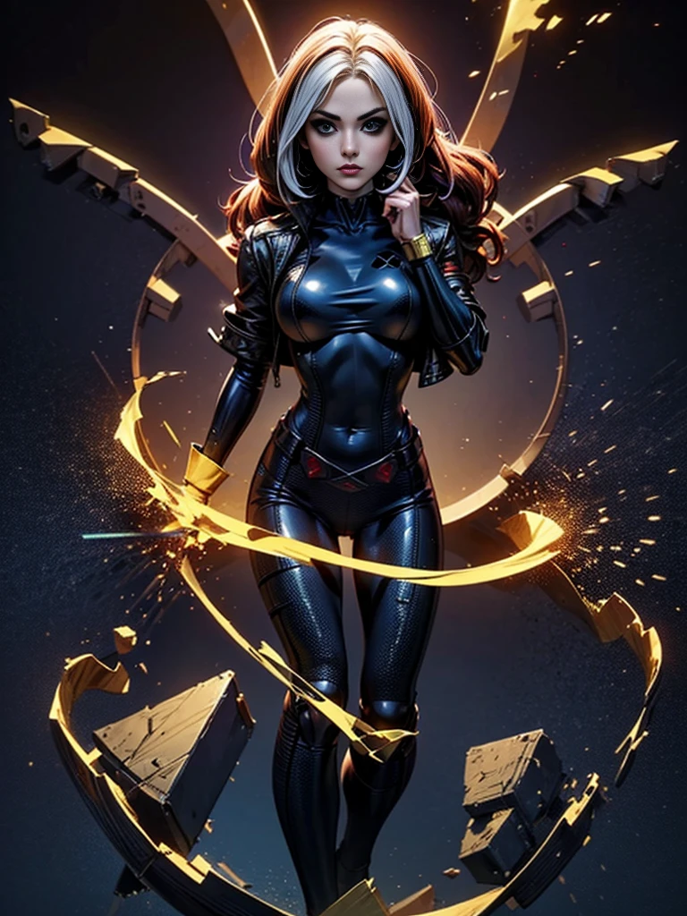 Jenna Louise Coleman、masterpiece、High quality 4K、villain (X-Men)、Gothic Girl、Sculpted Body Gothic Makeup、Black jacket、Red and blue bodysuit、masterpiece、highest quality、Cowboy Shots、one personの女の子、one person、Technology Military Bodysuit、fringe
