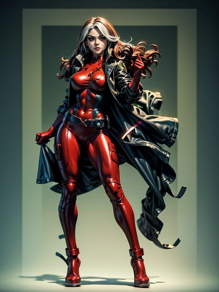 Jenna Louise Coleman、masterpiece、High quality 4K、villain (X-Men)、Gothic Girl、Sculpted Body Gothic Makeup、Black jacket、Red and blue bodysuit、masterpiece、highest quality、Cowboy Shots、one personの女の子、one person、Technology Military Bodysuit、fringe