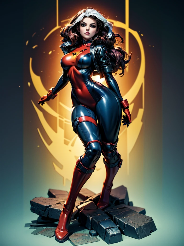 Jenna Louise Coleman、masterpiece、High quality 4K、villain (X-Men)、Gothic Girl、Sculpted Body Gothic Makeup、Black jacket、Red and blue bodysuit、masterpiece、highest quality、Cowboy Shots、one personの女の子、one person、Technology Military Bodysuit、fringe