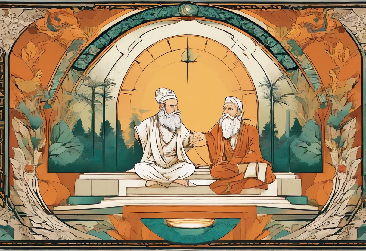 The old philosopher gesturing while speaking, with Zenon showing signs of understanding and acceptance, in a peaceful setting with trees and birds in the background.