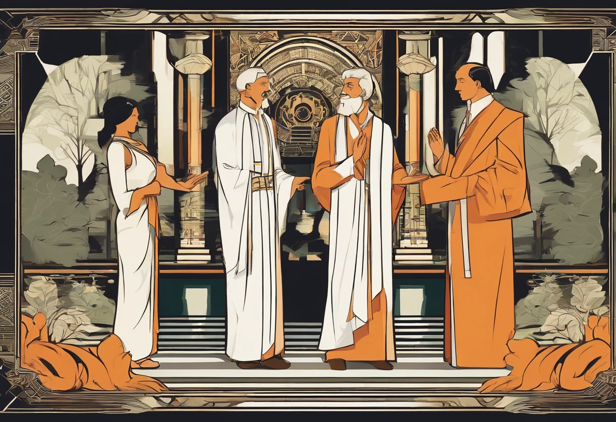 The old philosopher gesturing while speaking, with Zenon showing signs of understanding and acceptance, in a peaceful setting with trees and birds in the background.