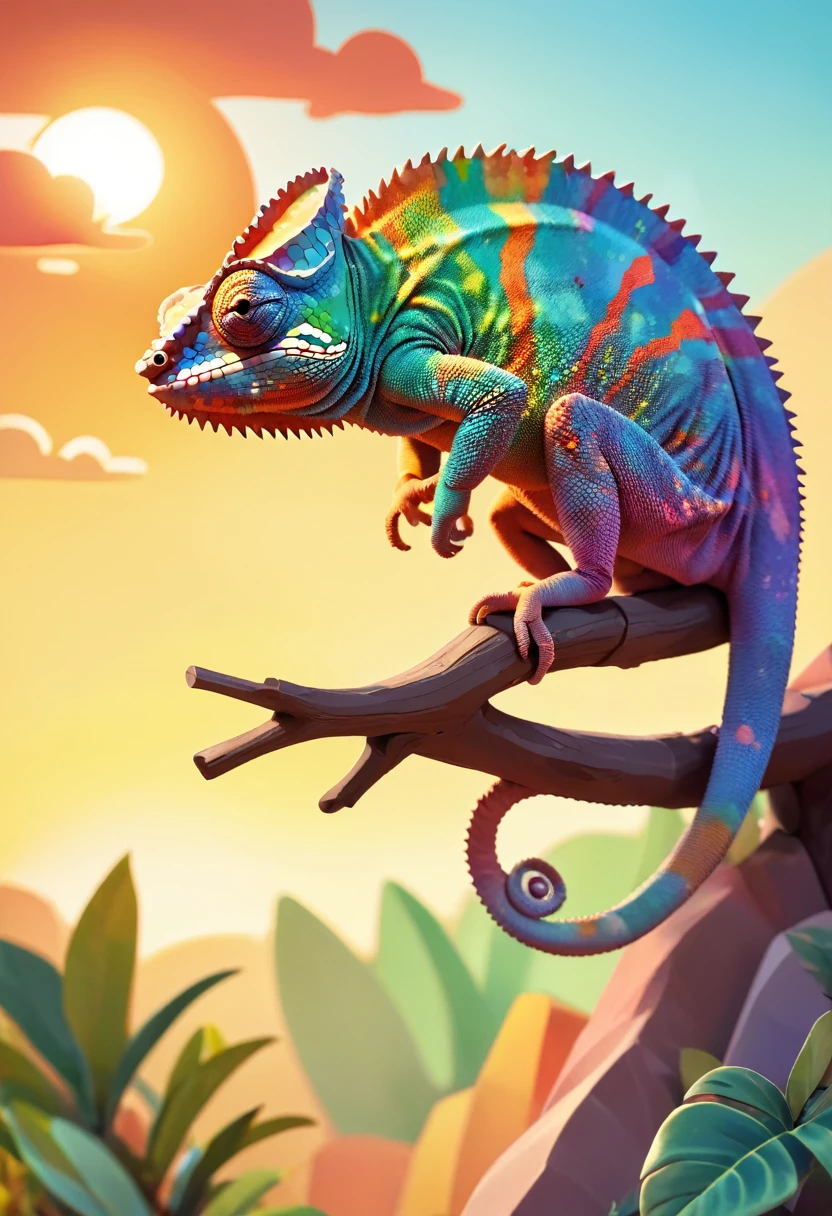 a silhouette design of a chameleon, sunset design, 3D vector art, cute and quirky, bright bold colorful., watercolor effect, , digital painting, low-poly, bird's-eye view, isometric style, focused on the character, 4K resolution, photorealistic rendering, using Cinema 4D,front side