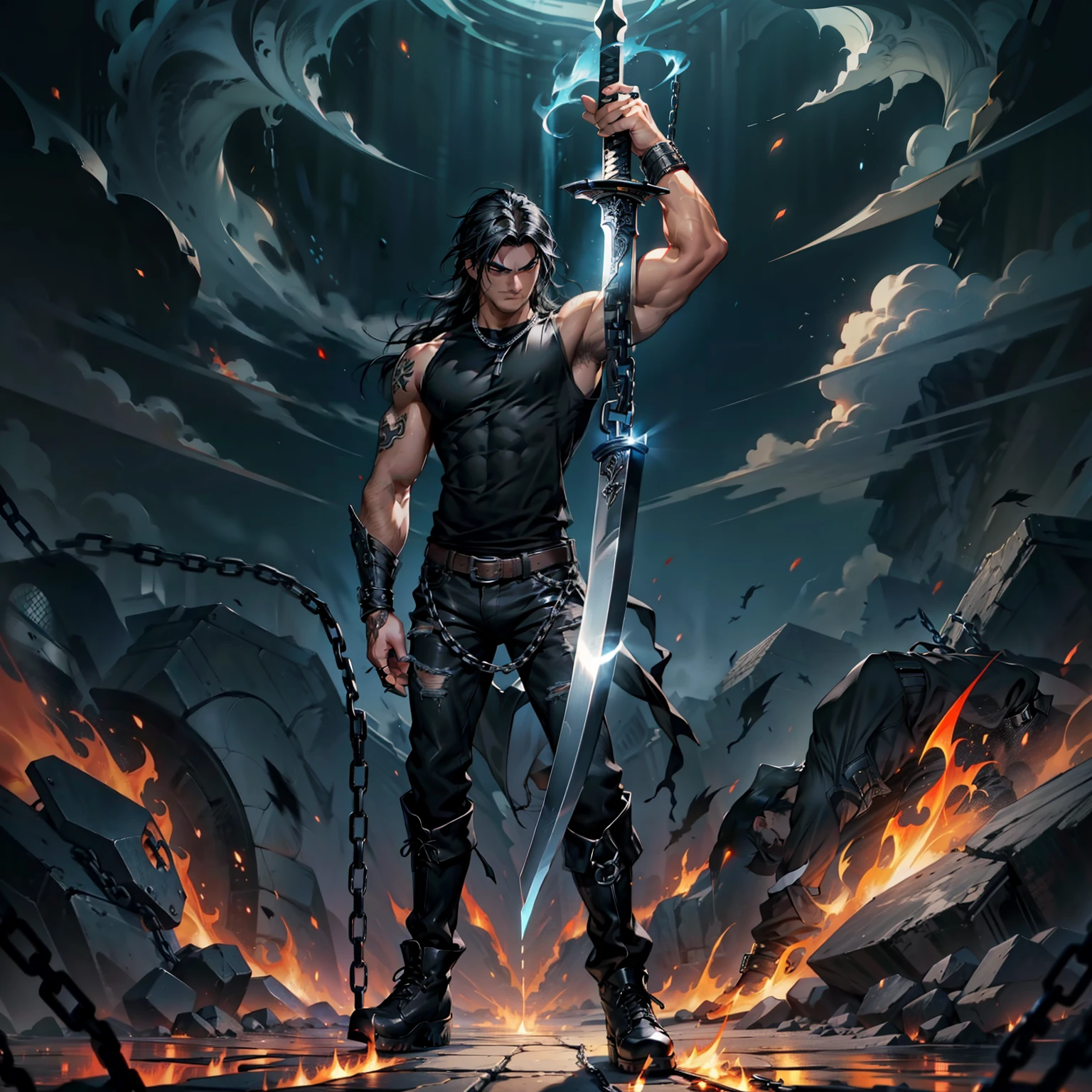 boys 26 Years old, Serious face, muscular, black hair, flowing hair, wearing ((black shirt)), sleeveless, black bootcut pants, boots, holding sword, flames, chains, giant sword