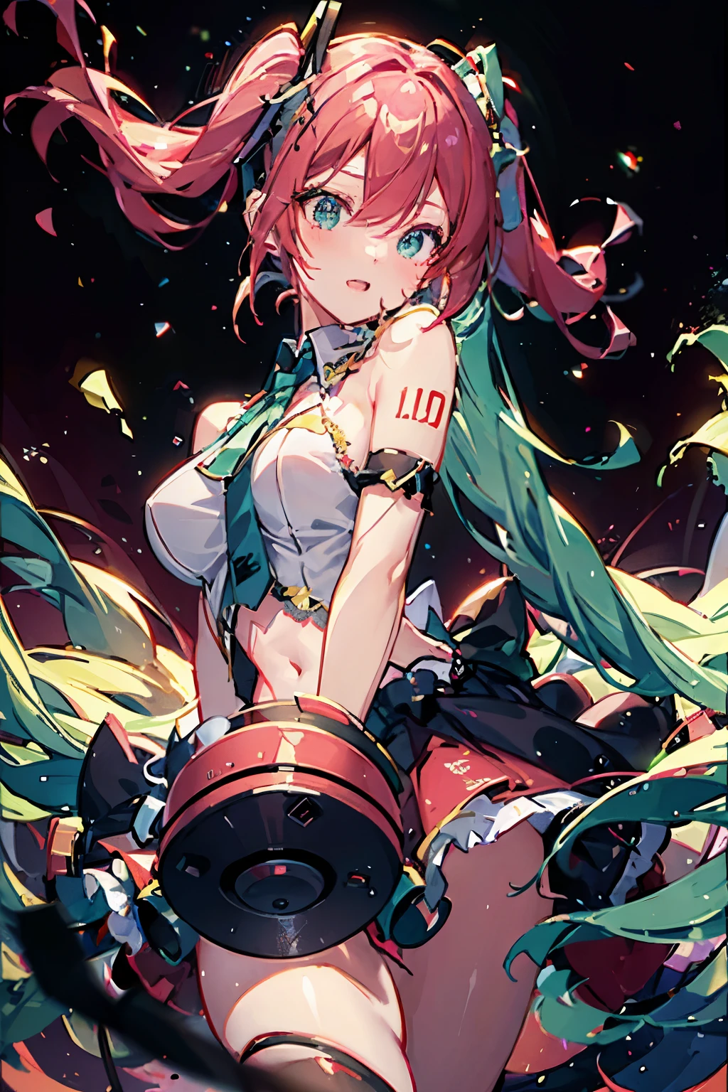 Beautiful virtual singer, Miku, with twin-tails, expressing pain, large eyes, rounded face, red outfit, floral print, HDR, UHD, studio lighting, ultra-detailed, realistic, 8K.
Sore expression, Machina-style body, vibrant pink skin, Teto Vocaloid, punching Miku, close-up, dynamic light and shadow, sharp focus, depth of field, physically-based rendering, professional, vivid colors, bokeh.