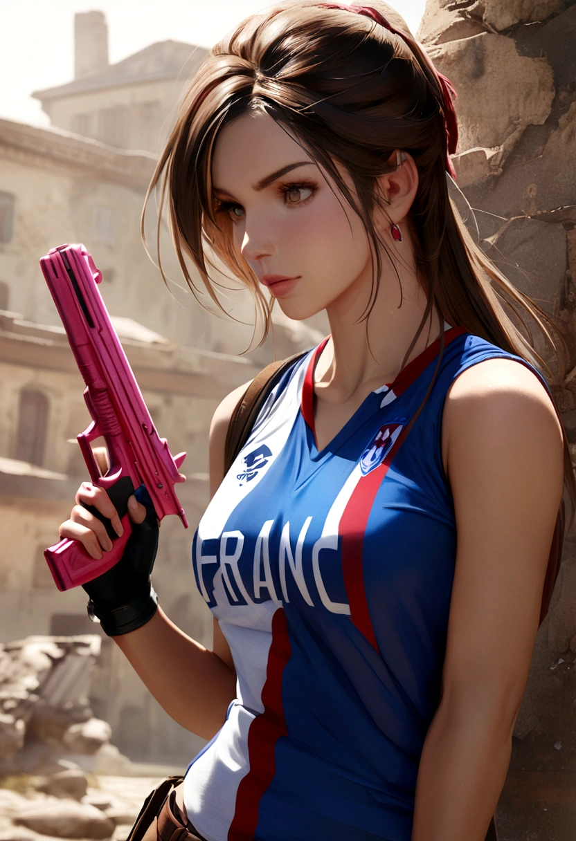 Lara Croft with pink gun, wearing France jersey