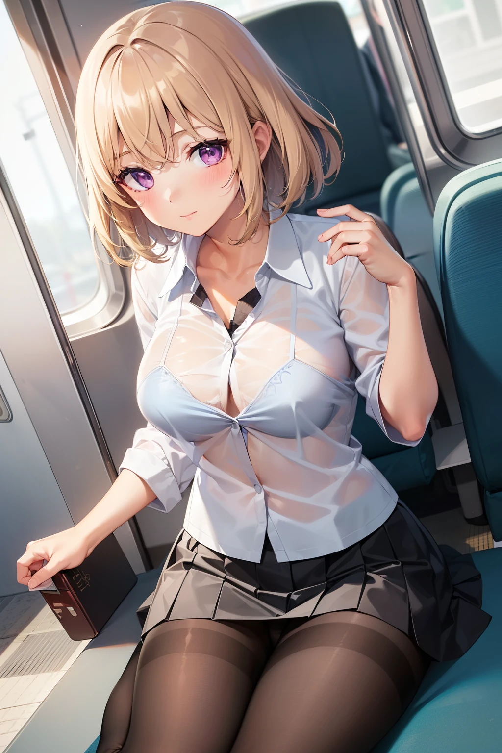 (Tabletop, highest quality, Super detailed), One Girl, Purple eyes, Blonde Hair, Dark Skin, Short Hair、Perm Hair、((Japanese school uniform))、((pantyhose))、(on the train)、(mini skirt)、Black Panties、((See-through bra))