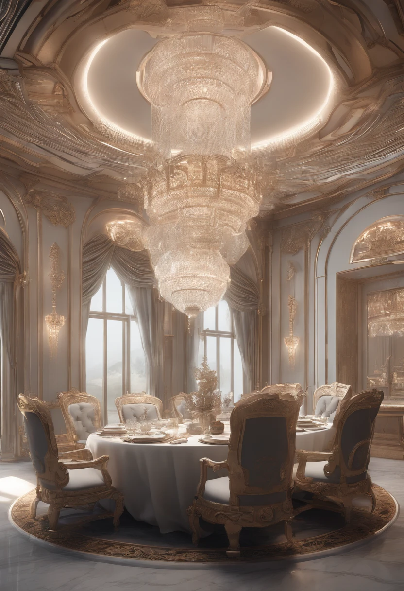 There is a dining room with a table and chairs and a chandelier, CGSetalidade 9, Futuristic Persian Palace, Motor irreal CGSetivity, Redshift Houdini, Futuristic. Jogo CG, unreal motor cinema4d, interior cyberpunk ornamentado, Hyper-realistic symmetrical 8k, Rene Lalique e Eddie Mendoza, cinematic unreal 5, cinematic smooth unreal engine