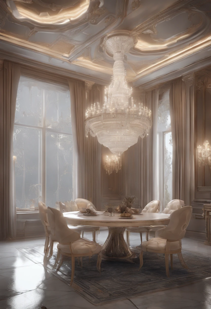 There is a dining room with a table and chairs and a chandelier, CGSetalidade 9, Futuristic Persian Palace, Motor irreal CGSetivity, Redshift Houdini, Futuristic. Jogo CG, unreal motor cinema4d, interior cyberpunk ornamentado, Hyper-realistic symmetrical 8k, Rene Lalique e Eddie Mendoza, cinematic unreal 5, cinematic smooth unreal engine