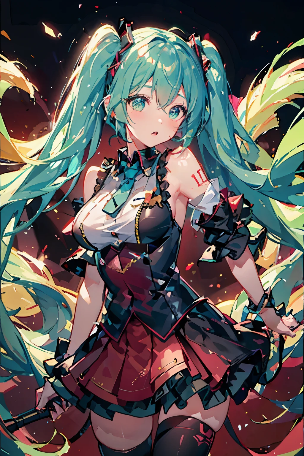 Beautiful virtual singer, Miku, with twin-tails, expressing pain, large eyes, rounded face, red outfit, floral print, HDR, UHD, studio lighting, ultra-detailed, realistic, 8K.
Sore expression, Machina-style body, vibrant pink skin, Teto Vocaloid, punching Miku, close-up, dynamic light and shadow, sharp focus, depth of field, physically-based rendering, professional, vivid colors, bokeh.