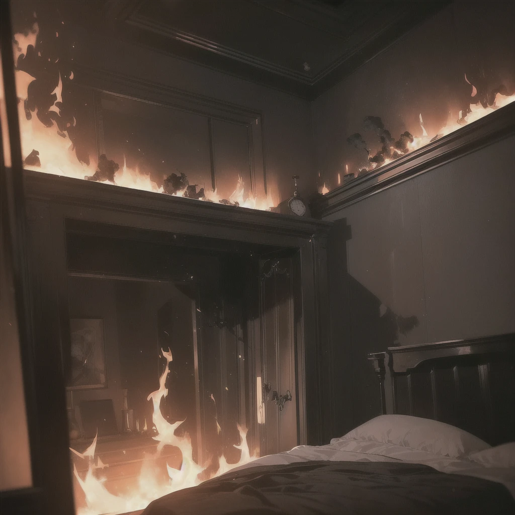 ((Black smoke and flames gradually spread, filling the bedroom, setting off the dark atmosphere of the night))