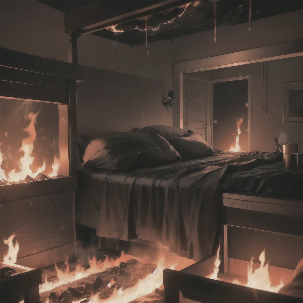 ((Black smoke and flames gradually spread, filling the bedroom, setting off the dark atmosphere of the night))