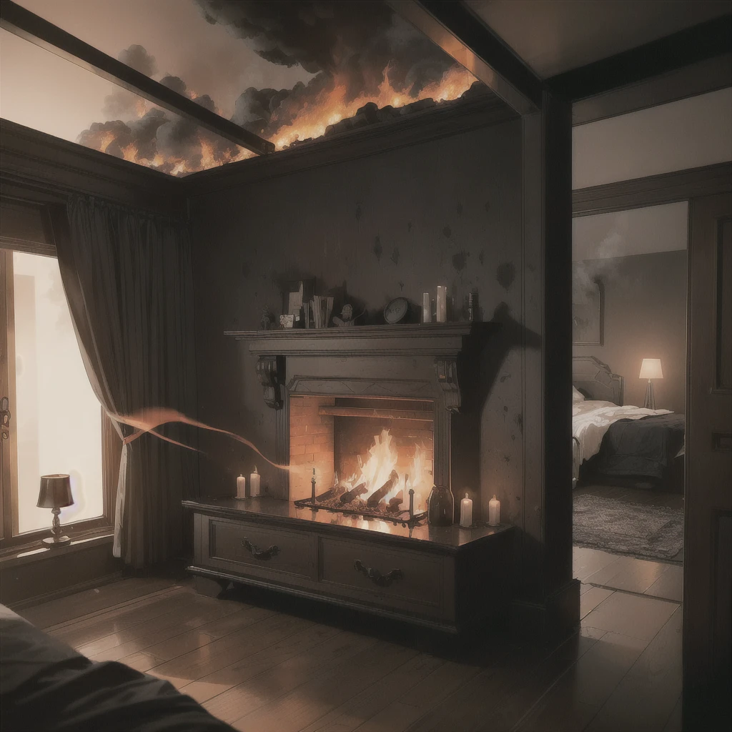 ((Black smoke and flames gradually spread, filling the bedroom, setting off the dark atmosphere of the night))