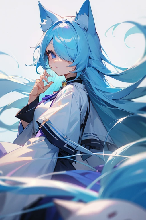 Light blue hair、long hair、Cat ear、One eye is light blue and the other is purple