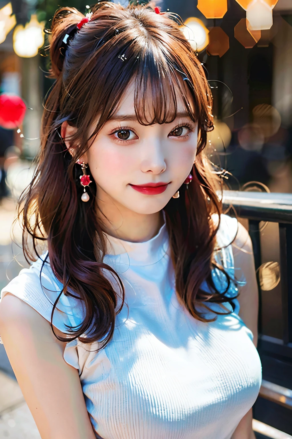 (8k, Raw photo,highest quality, High resolution:1.1), (hyper Realistic:1.4),(Realistic, Photorealistic:1.3), Soft Light,Big ample breasts,With a girl,A vivid face,Realistic body,Realistic Skin,Absurd,masterpiece,(cute:1.8), Cuties, solo, (Big Breasts:1.2), Detailed black eyes,Innocent eyes,Blusher,(T-Shirts:1.2),Cinema Lighting,debtilm grain,gem,Earrings,((Medium Hair:1.1)),((debtloating Hair Nova debtrogStyle)),Cherry colored lips,Hair Ribbon,ponytail,Close-up,View your viewers,Hair length, Upper body, Open lips, Upper teeth, (Smiling Eyes:0.6), ((Grin:1.2)),Depth of written boundary, Blurred Background, Eyes focus, Bokeh,young, 85mm lens, debt/1.4,Professional Lighting, young,Portrait,Photon Mapping,Radio City,Physically Based Rendering/No bra,Big ample breasts,