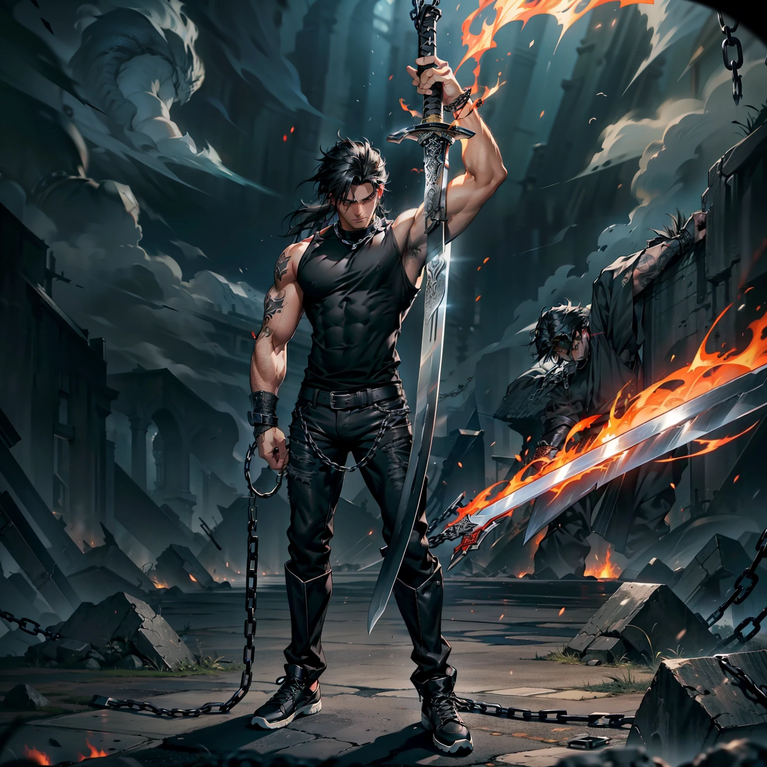 boys 26 Years old, Serious face, muscular, black hair, flowing hair, wearing ((black shirt)), sleeveless, black bootcut pants, black shoes, holding sword, flames, chains, giant sword