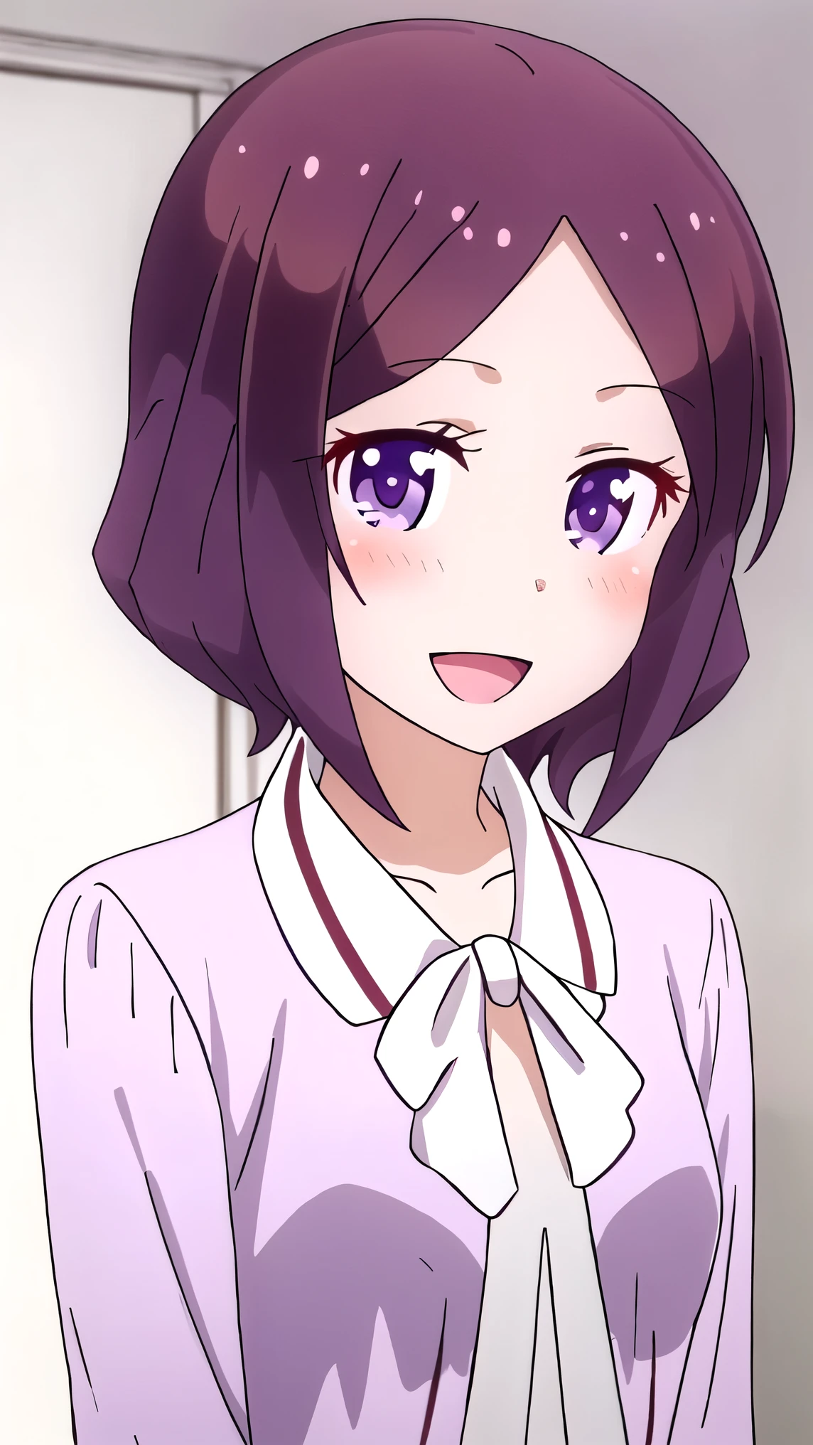 best quality, masterpiece, highres, solo, {tooyama_rin_newgame:1.15}, short_hair, brown_hair, purple_eyes, blush, purple_hair, smile, 1girl,  ^_^, open_mouth, :d, upper_body, white blouse, simple background, blush