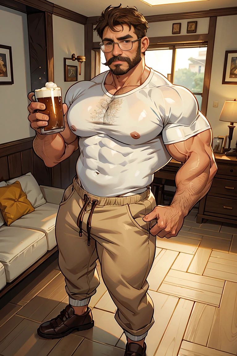 Middle-aged man, masculine face, light brown eyes, short, wavy brown hair, drunken expression, with a mustache and no beard, muscular and very hairy body, huge hairy chest, huge biceps, oily and shiny skin. He is holding a mug of beer in his right hand, wearing a wet white shirt, rectangular glasses, beige pants, brown shoes, and standing in the living room.