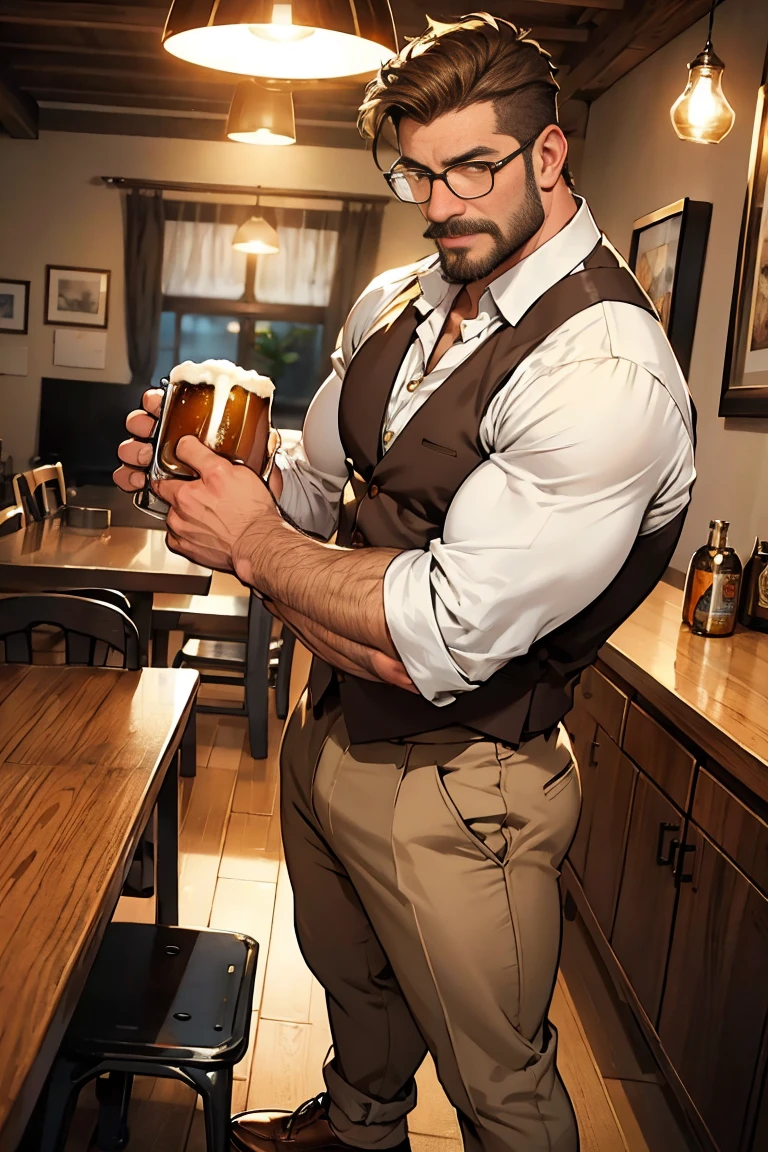 Middle-aged man, masculine face, light brown eyes, short, wavy brown hair, drunken expression, with a mustache and no beard, muscular and very hairy body, huge hairy chest, huge biceps, oily and shiny skin. He is holding a mug of beer in his right hand, wearing a wet white shirt, rectangular glasses, beige pants, brown shoes, and standing in the living room.