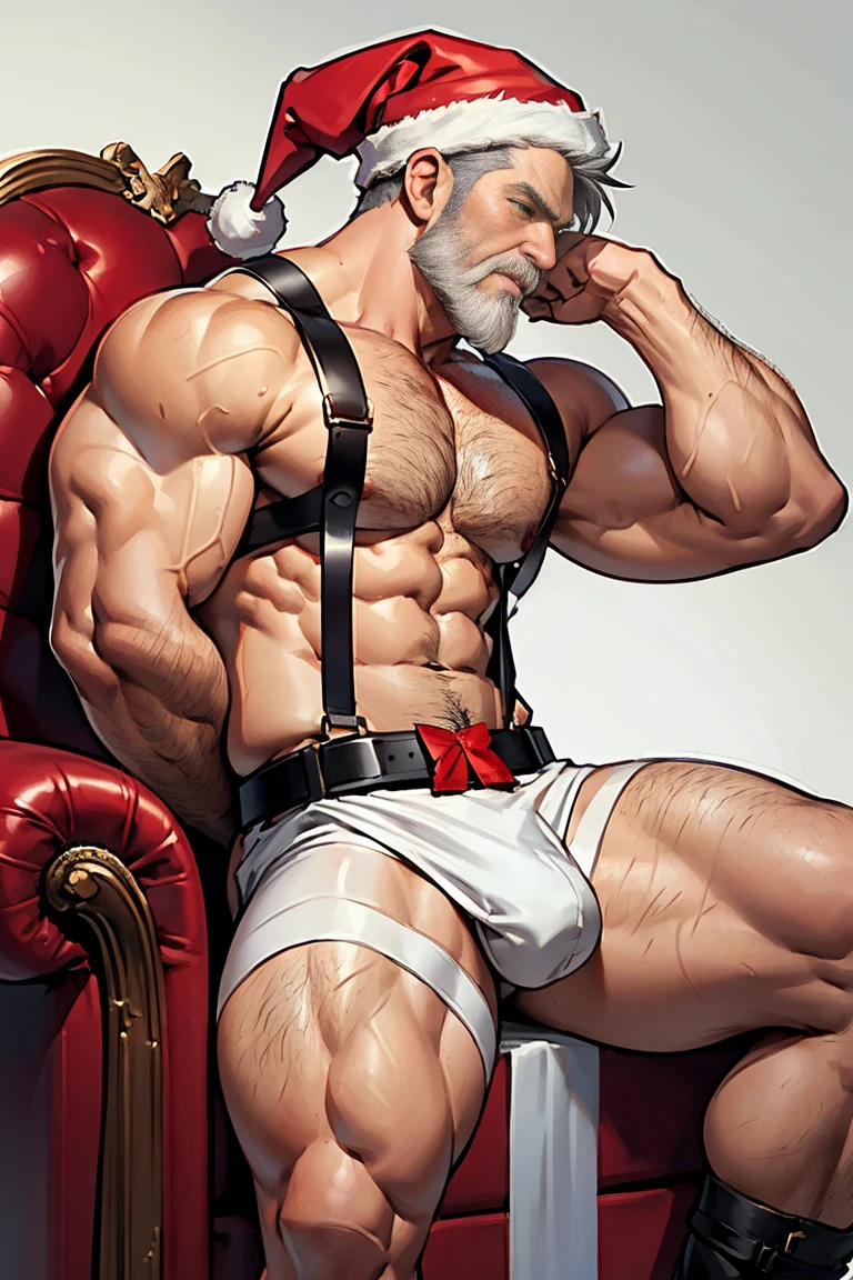 Middle-aged man, short white hair, white mustache, handsome masculine face, perverted expression, white beard, muscular body, huge chest, huge biceps, gray body hair, blue eyes and muscular thighs. He is wearing a sexual Santa Claus costume, wearing a black leather jockstrap with a huge bulge in the crotch, red harness on his chest, Santa Claus hat. He is sitting in a red leather armchair with his legs spread, with a whip in his right hand and a Christmas theme. Front angle.