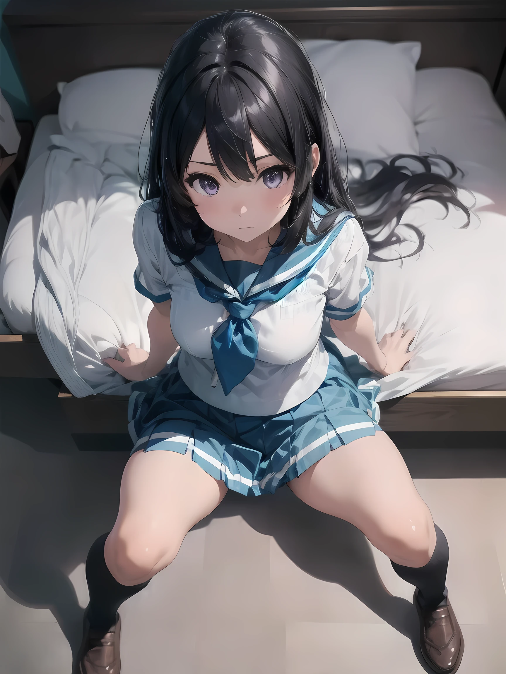 (Realistic, photo Realistic:1.2), ((highest quality)), Shift the center of gravity backwards, expressionless, KousakaSummer, long hair, white serafuku, white panties, short sleeves, pink neckerchief, blue skirt, black socks, kneehighs, loafers, missionary, legs up, legs grab, from above, wide spread legs, reaching, on bed