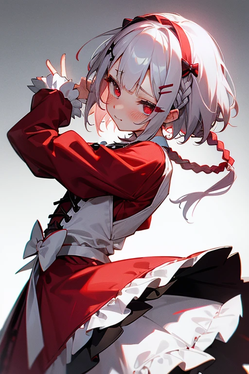 Short white hair, blush, Gothic Lolita、Punk Fashion、Headbang 2.、White and red clothes、Braiding、2 hair clips