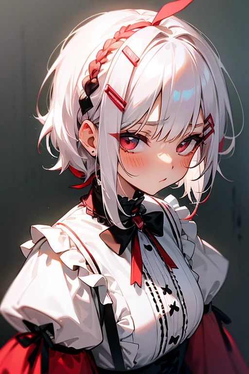 Short white hair, blush, Gothic Lolita、Punk Fashion、Headbang 2.、White and red clothes、Braiding、2 hair clips