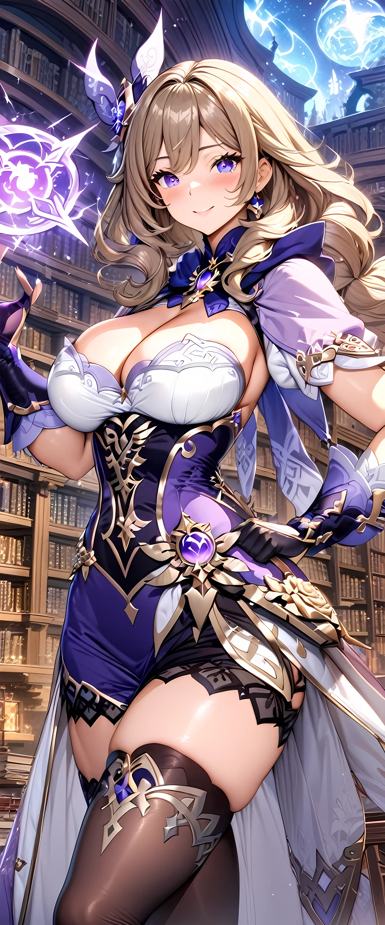 (masterpiece), best quality, expressive eyes, perfect face,lisa,genshin impact,magical girl,(shiny purple magical girl dress:1.3),mature woman,big breasts,[[cleavage]],thighhigh heels,[[lightning orb]],blush,smile,fantasy library,bookshelfs background,fantasy lighting,sexy pose,action pose,cowboy shot,dynamic angle,(sparkle:0.9).(glitter:0.9)