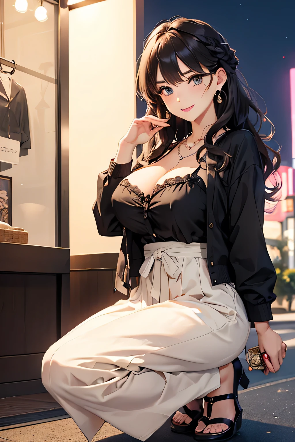 highest quality、High resolution、Detailed Background、(Beautiful face in every detail:1.4)、Anatomically correct、(Detailed facial expressions)、(Detailed eyes:1.2)、Teenage beauty、(Highly detailed face:1.4)、(Huge breasts:1.3)、Cute hair colour、Braided long hair、Wavy Hairstyle、Cute hairstyle、well-groomed eyebrows、Cute Eye Makeup、Cute Lip Makeup、Perfect body line、A neat and mature impression、Cute gestures、Accentuate your cleavage、

(A beautiful woman looking at you with a happy expression against the backdrop of a night view spot:1.5)、

For tops, we recommend chiffon blouses and shirts with frills that have feminine textures and details.、The colors are light pastels and creams.、beige、Pink and other colors give a cute impression、Knee-length flared skirts and pretty wide pants are stylish.、The skirt is made of chiffon or satin、Wide pants have a waist mark、

We recommend wearing a short jacket or cardigan as a cover-up.、
While giving an elegant impression、The color is beige、gray、Plain colors such as black are basic.、

Pumps and sandals are fashionable、We recommend a heel height of about 5cm.、
The feminine decorations, such as those with straps and ribbons, create a cute atmosphere.、Earrings、necklace、It is fashionable to combine it with rings etc.、
We recommend items with elegant textures such as pearls and jewels.、

A classic night view spot、The illumination at night is especially beautiful.、Tokyo Sky Tree、Roppongi Hills Observation Deck、Tokyo Midtown、Calm atmosphere、very beautiful