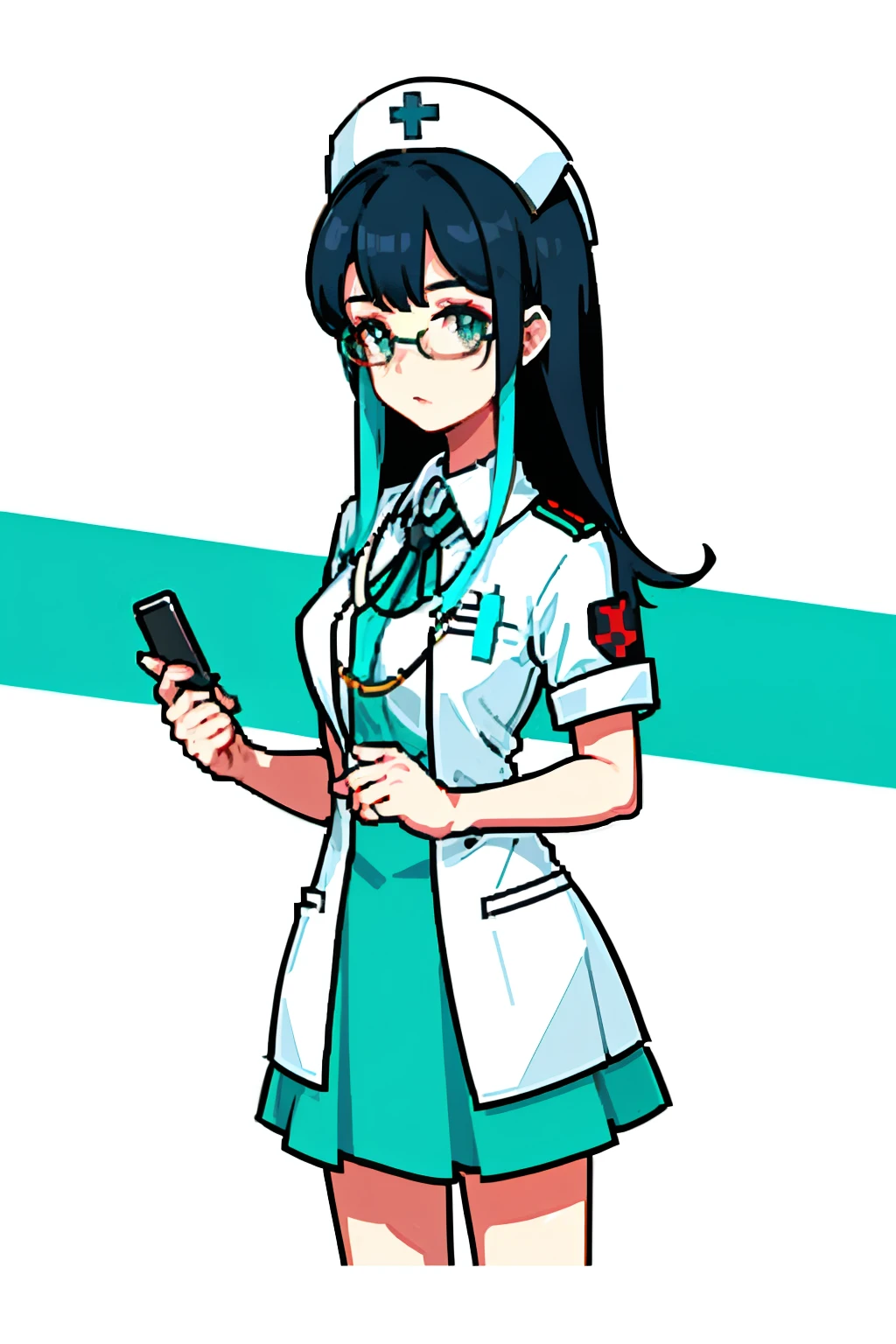 Miku, reimagined as a nurse, exudes professionalism with a touch of charm. (close-up: 1.3) A meticulous depiction captures her black twisted hair, accentuated by a white nurse's cap adorned with red crosses. She wears round eyeglasses and her short, detailed hair is neatly dressed. The setting is a colorful hospital background, with radial lines subtly hinting at the medical environment.

(zoomed out: 1.1) Miku stands in a bustling hospital wing, her white uniform gleaming under bright hospital lights. A stethoscope hangs around her neck, and she is poised to