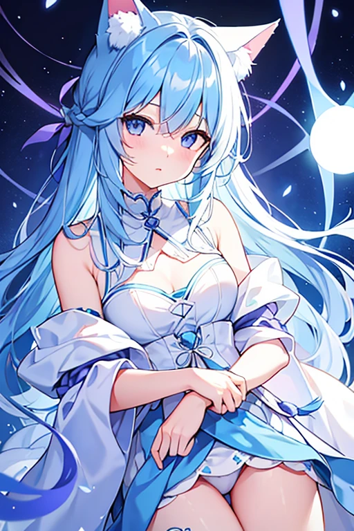 Light blue hair、long hair、Cat ear、Light blue and purple odd eyes