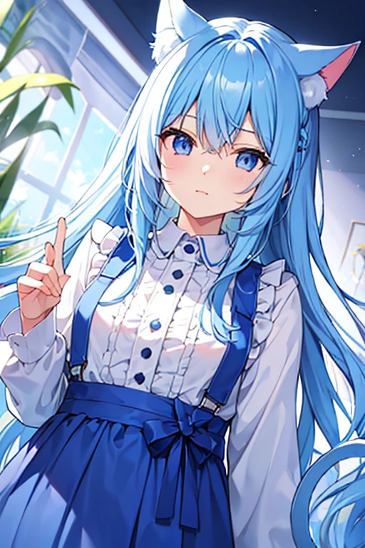 Light blue hair、long hair、Cat ear、Light blue and purple odd eyes