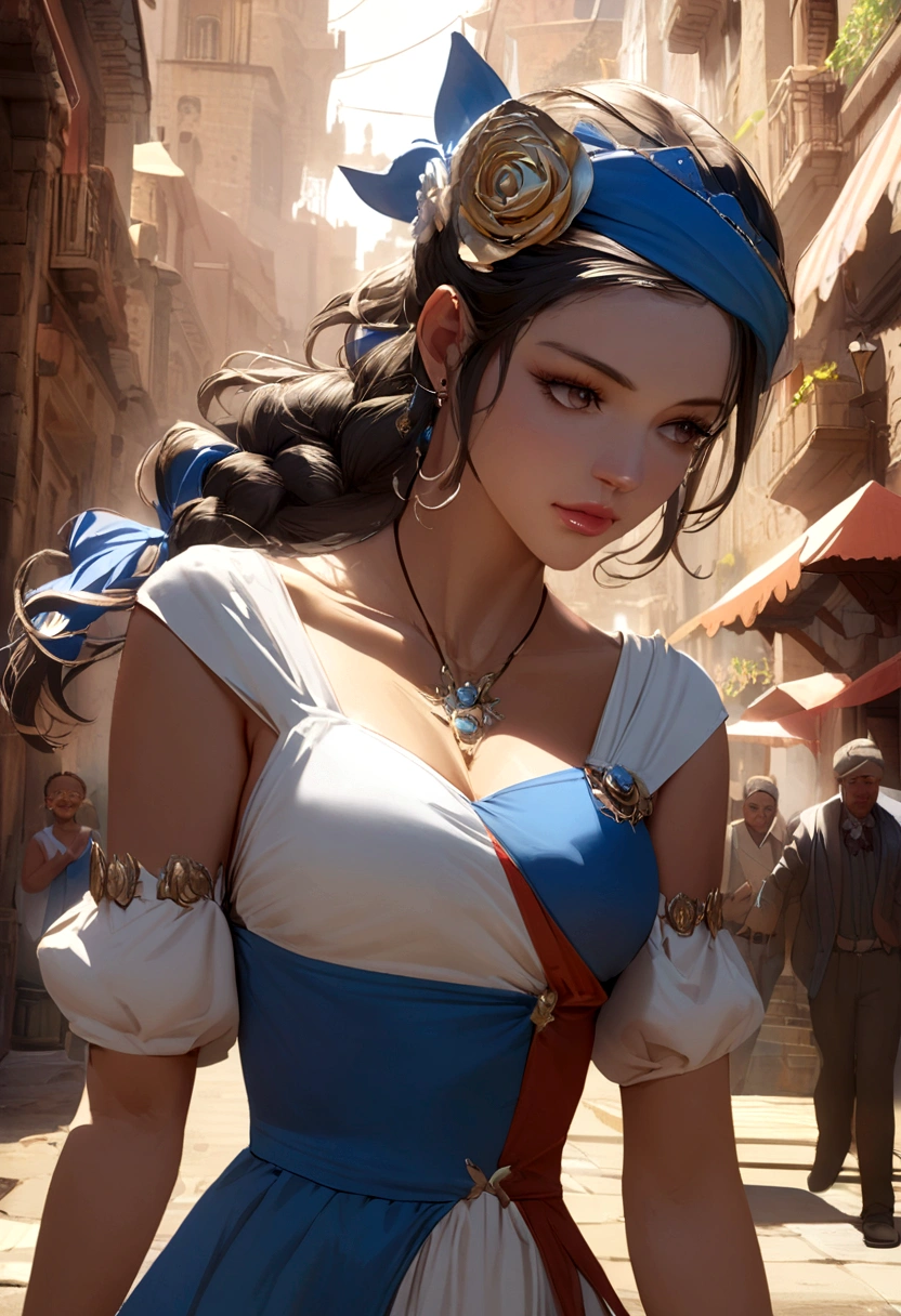 Lara Croft in a tricolor Marianne dress