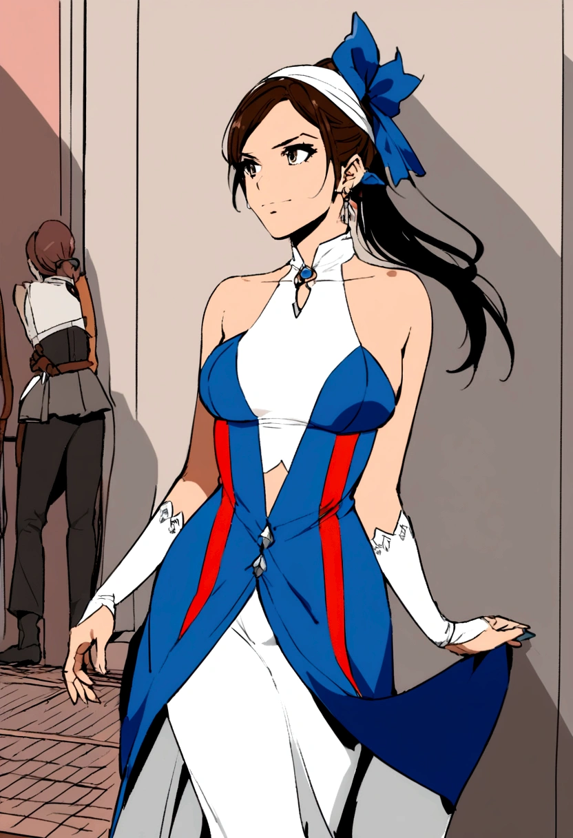 Lara Croft in a tricolor Marianne dress