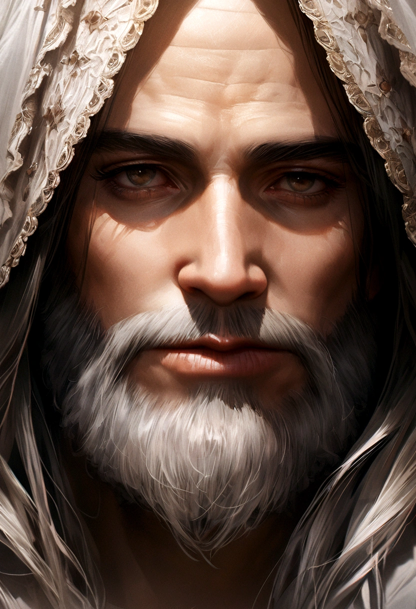 (symmetry),centered,a ((close)) up portrait,(Jesus),a very thin white prime man with long hair and a beard,wearing a long white robe,35mm,natural skin,clothes detail, 8k texture, 8k, insane details, intricate details, hyperdetailedhighly detailed,realistic,soft cinematic light,HDR,sharp focus, ((((cinematic look)))),intricate, elegant, highly detailed
