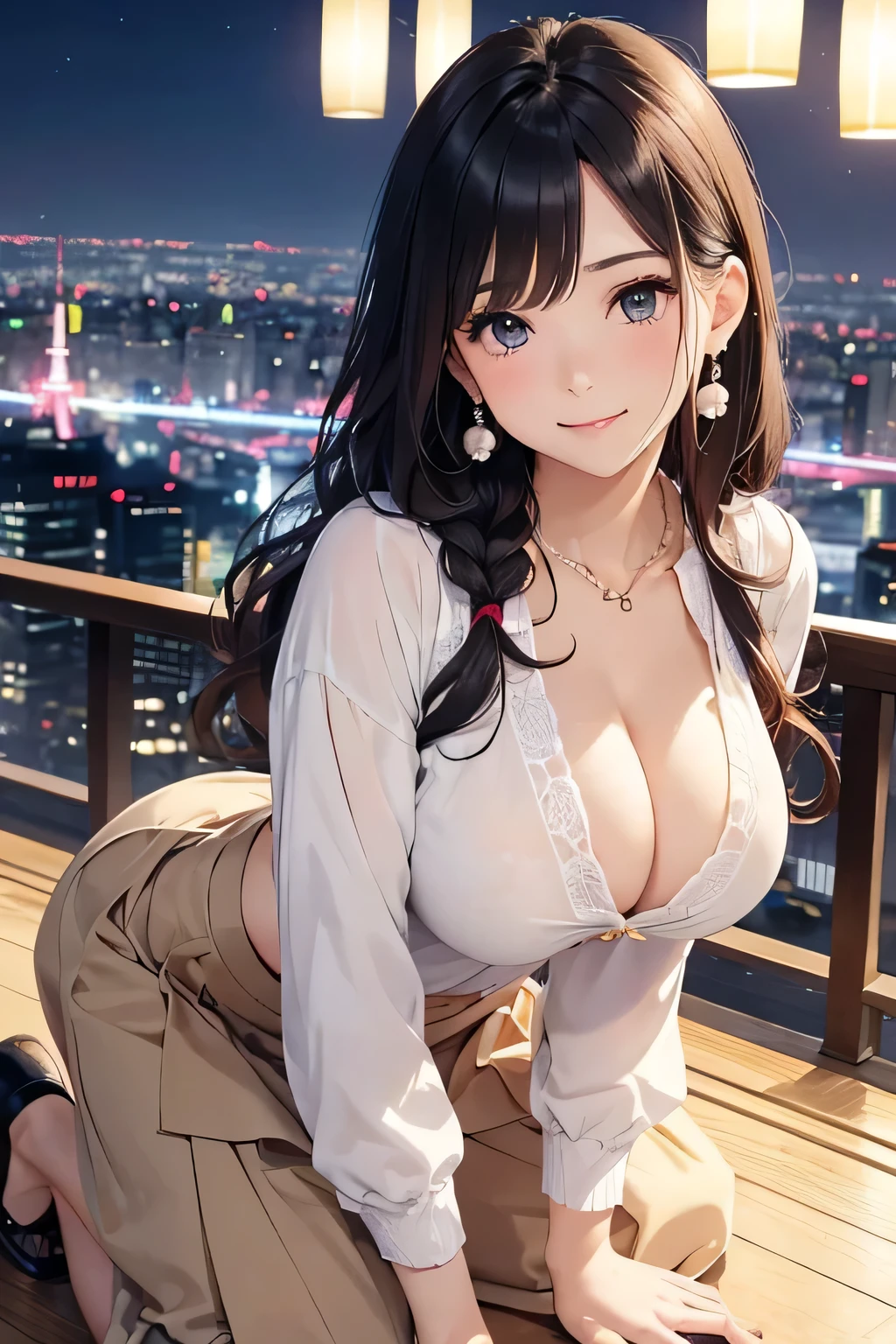 highest quality、High resolution、Detailed Background、(Beautiful face in every detail:1.4)、Anatomically correct、(Detailed facial expressions)、(Detailed eyes:1.2)、age beauty、(Highly detailed face:1.4)、(Huge breasts:1.3)、Cute hair colour、Braided long hair、Wavy Hairstyle、Cute hairstyle、well-groomed eyebrows、Cute Eye Makeup、Cute Lip Makeup、Perfect body line、A neat and mature impression、Cute gestures、Accentuate your cleavage、
(A beautiful woman looking at you with a happy expression against the backdrop of a night view spot:1.5)、
For tops, we recommend chiffon blouses and shirts with frills that have feminine textures and details.、The colors are light pastels and creams.、beige、Pink and other colors give a cute impression、Knee-length flared skirts and pretty wide pants are stylish.、The skirt is made of chiffon or satin、Wide pants have a waist mark、
We recommend wearing a short jacket or cardigan as a cover-up.、
While giving an elegant impression、The color is beige、gray、Plain colors such as black are basic.、
Pumps and sandals are fashionable、We recommend a heel height of about 5cm.、
The feminine decorations, such as those with straps and ribbons, create a cute atmosphere.、Earrings、necklace、It is fashionable to combine it with rings etc.、
We recommend items with elegant textures such as pearls and jewels.、
A classic night view spot、The illumination at night is especially beautiful.、Tokyo Sky Tree、Roppongi Hills Observation Deck、Tokyo Midtown、Calm atmosphere、very beautiful