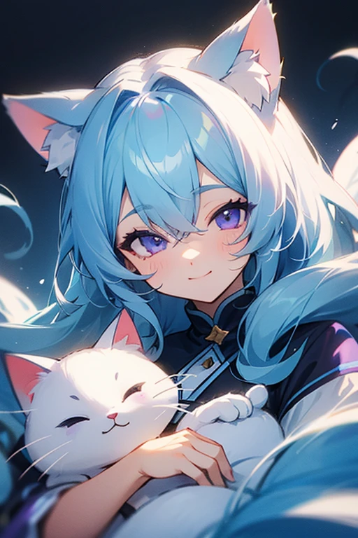 Light blue hair、long hair、Cat ear、One eye is light blue and the other is purple、smile、cute