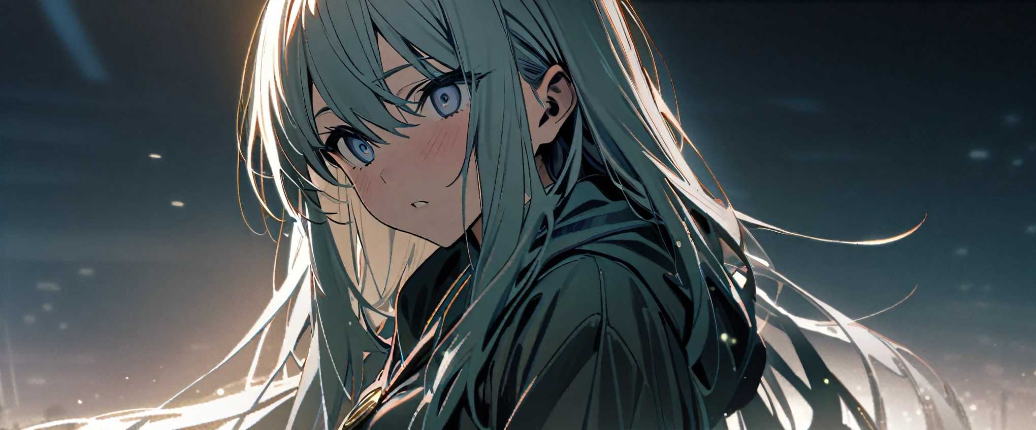(((masterpiece,highest quality))),((Long-haired silver-haired wizard anime girl in robe costume)),((He has a key-shaped stick)),((Key motif necklace)),((side view)),(Shedding tears with a stunned expression),Light ahead,Darkness Behind,anime