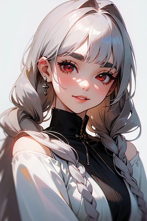 (highest quality, masterpiece:1.2), High resolution, 最高masterpiece、Very detailed, Realistic:1.37, Fantasy, An illustration,Gray Hair、 Red eyes、Queen, White Dress、beautifully、Eyeshadow Red、Thick eyebrows、Long eyelashes、pupils are black、shiny on the lips、Top Sites、Queen、Princess、A kind smile、Show your teeth a little and smile、Soft impression、people々々々々々Loved by、Slimming the face、Shoulder Bare、Sexy braids、Kissing Face、Long white hair、Shaggy Bangs、Looking at the clear sky、Save a face image、
