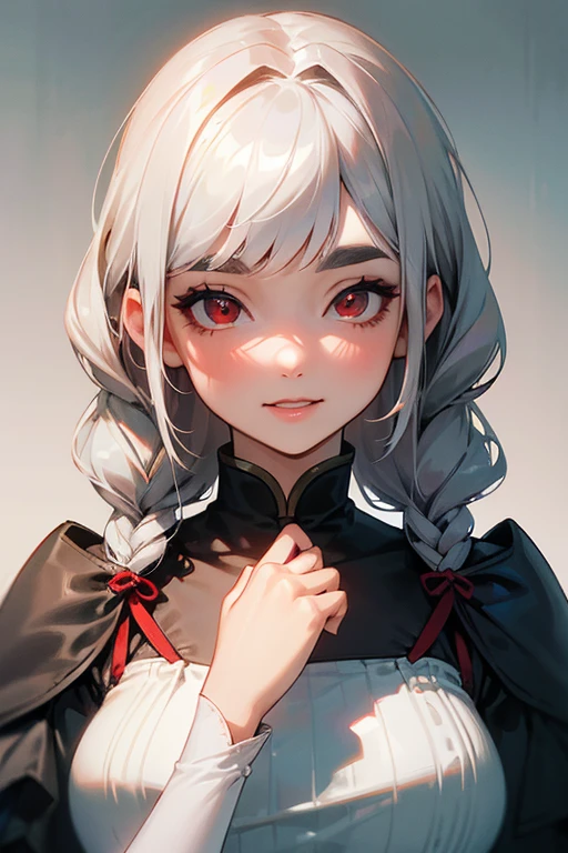 (highest quality, masterpiece:1.2), High resolution, 最高masterpiece、Very detailed, Realistic:1.37, Fantasy, An illustration,Gray Hair、 Red eyes、Queen, White Dress、beautifully、Eyeshadow Red、Thick eyebrows、Long eyelashes、pupils are black、shiny on the lips、Top Sites、Queen、Princess、A kind smile、Show your teeth a little and smile、Soft impression、people々々々々々Loved by、Slimming the face、Shoulder Bare、Sexy braids、Kissing Face、Long white hair、Shaggy Bangs、Looking at the clear sky、Save a face image、