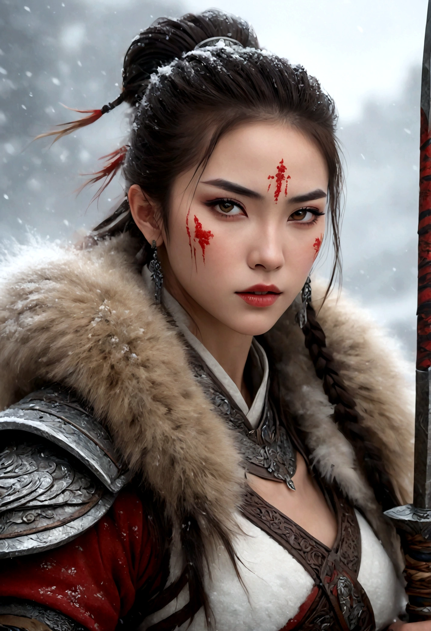 (best quality,4k,8K,high resolution,masterpiece:1.2),Very detailed,(actual,photoactual,photo-actual:1.37),Thick fur winter coat,Creative fusion of traditional Chinese design patterns and contemporary elements, High Ponytail,There is blood on the face,Red paint, Strong expression, Full of energy, Sharp eyes, 1 warrior, Handsome face, Tiger beast, Epic Fantasy Character Art, wearing intricate fur armor, Luis Royo (Luis Royo) style, Northern female warrior holding a spear, HDR, Ultra high quality, Studio Lighting, Ultra-fine, Be focused, Physically Based Rendering, Very detailed的描述, professional, Vibrant colors, Bokeh, portrait, landscape