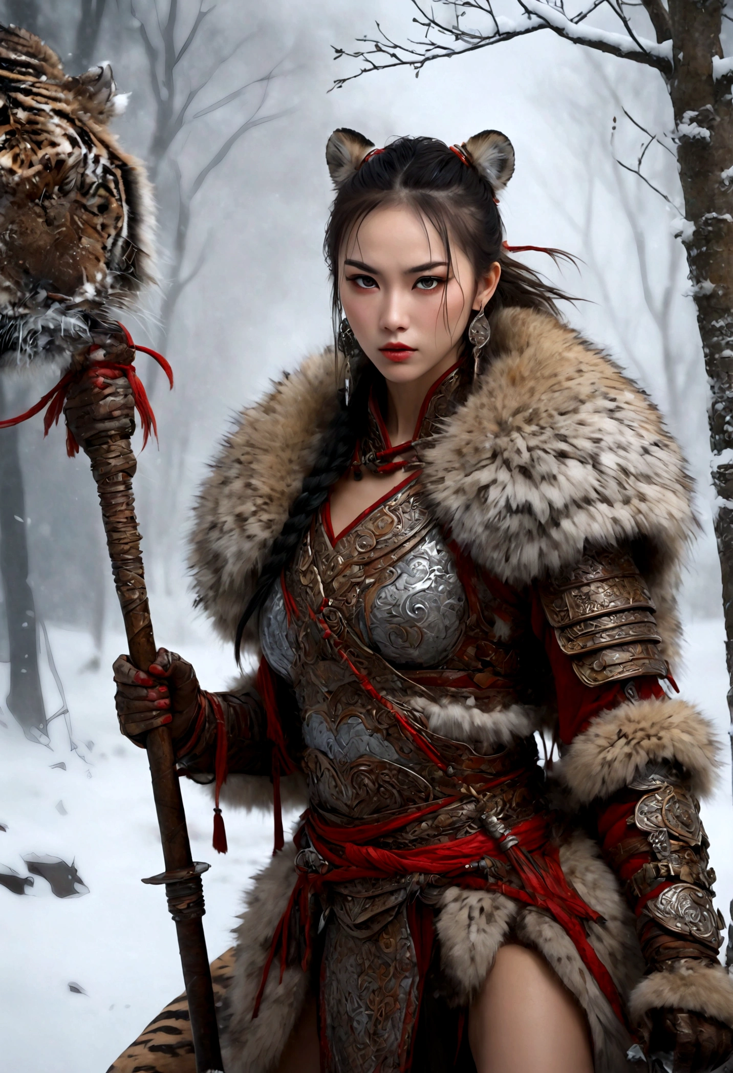 (best quality,4k,8K,high resolution,masterpiece:1.2),Very detailed,(actual,photoactual,photo-actual:1.37),Thick fur winter coat,Creative fusion of traditional Chinese design patterns and contemporary elements, High Ponytail，There is blood on the face，Red paint， Strong expression, Full of energy, Sharp eyes, 1 warrior, Handsome face, Tiger beast, Epic Fantasy Character Art, wearing intricate fur armor, Luis Royo (Luis Royo) style, Northern female warrior holding a spear, HDR, Ultra high quality, Studio Lighting, Ultra-fine, Be focused, Physically Based Rendering, Very detailed的描述, professional, Vibrant colors, Bokeh, portrait, landscape