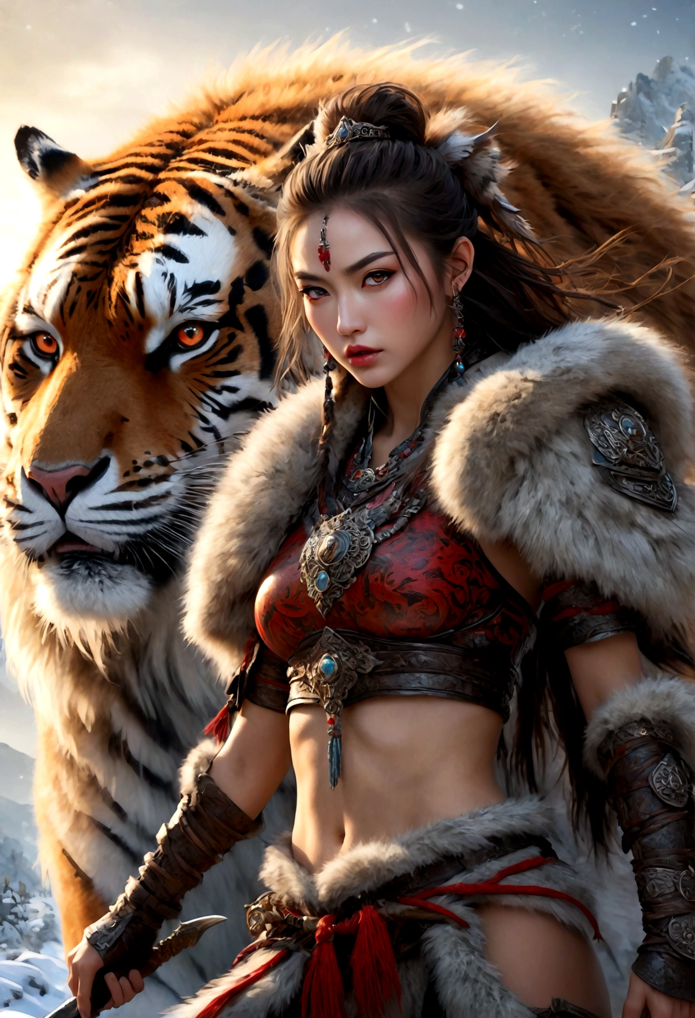 (best quality,4k,8K,high resolution,masterpiece:1.2),Very detailed,(actual,photoactual,photo-actual:1.37),Thick fur winter coat,Creative fusion of traditional Chinese design patterns and contemporary elements, High Ponytail，There is blood on the face，Red paint， Strong expression, Full of energy, Sharp eyes, 1 warrior, Handsome face, Tiger beast, Epic Fantasy Character Art, wearing intricate fur armor, Luis Royo (Luis Royo) style, Northern female warrior holding a spear, HDR, Ultra high quality, Studio Lighting, Ultra-fine, Be focused, Physically Based Rendering, Very detailed的描述, professional, Vibrant colors, Bokeh, portrait, landscape