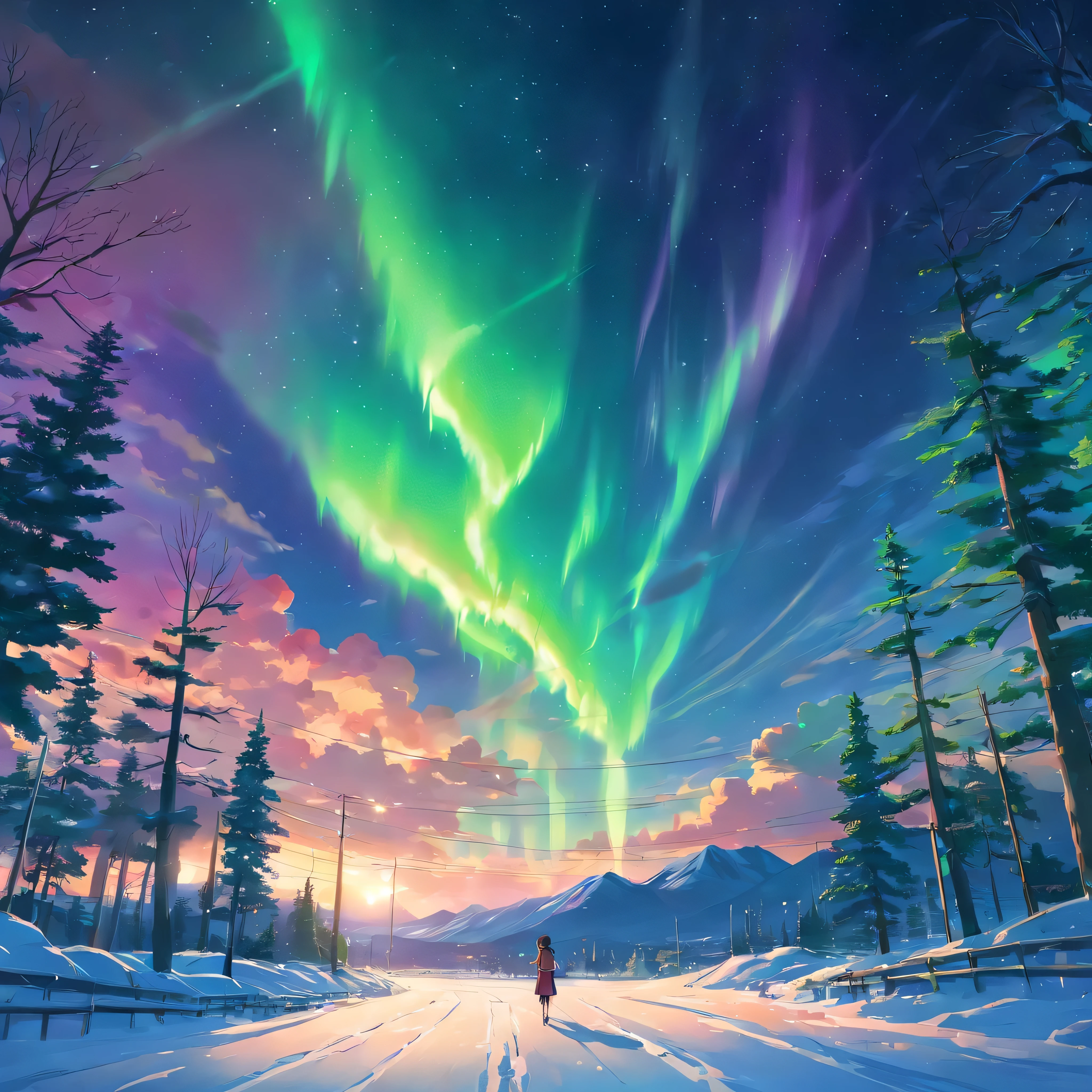 a stunning night sky with bright green aurora borealis lights, high quality, 8k, hyperrealistic, cinematic, dramatic lighting, detailed clouds, detailed stars, silhouetted trees, detailed snowscape, (best quality,4k,8k,highres,masterpiece:1.2),ultra-detailed,(realistic,photorealistic,photo-realistic:1.37)