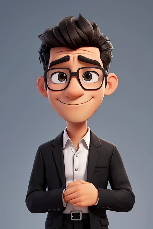 Create a friendly-looking human cartoon character, wearing a black dress shirt and black pants. Ele deve ter um estilo moderno e profissional, with a doubtful expression thinking about something with his hand below his chin. Adicione detalhes coloridos que representem a marca (if applicable). The character may wear glasses and have an accessory such as a laptop or phone,