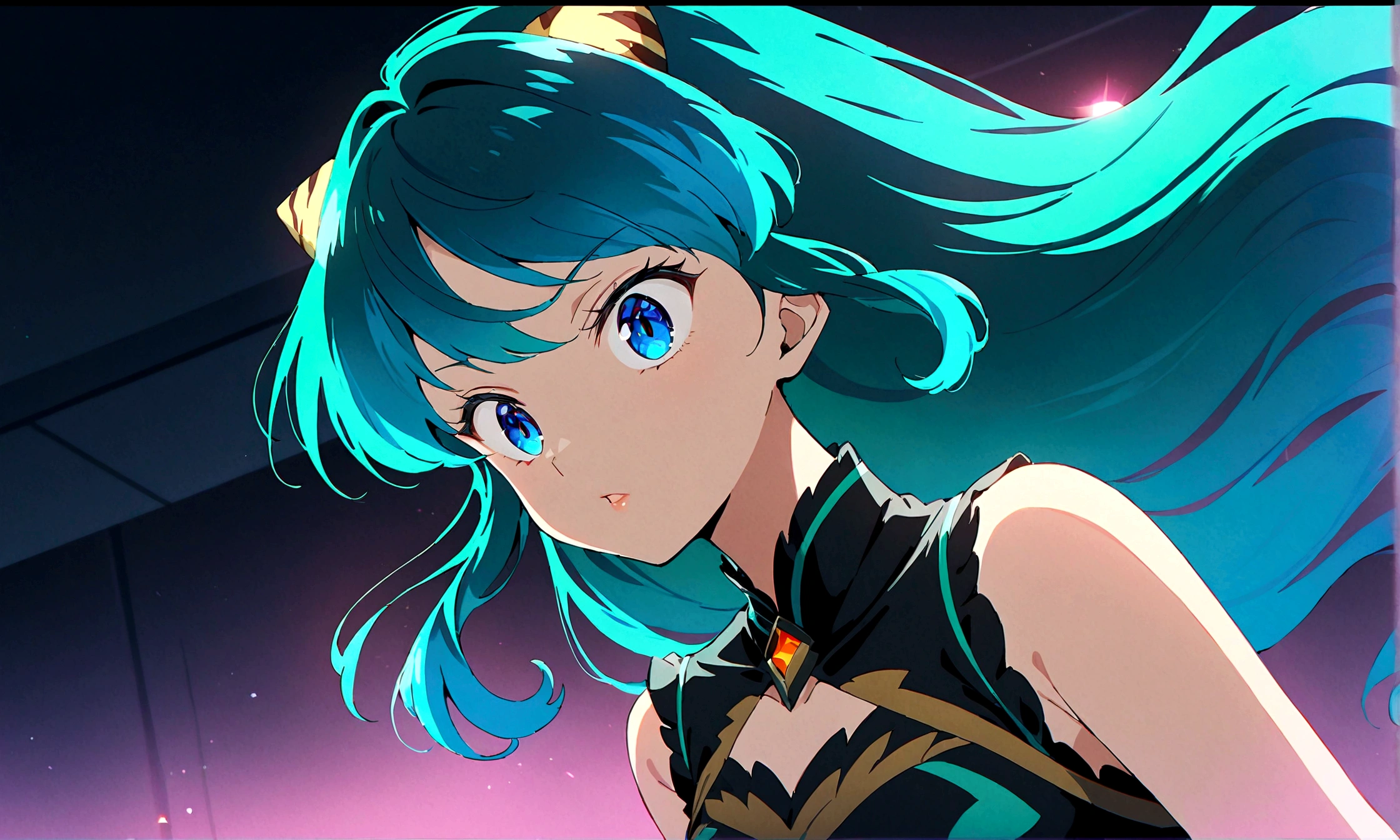(score_9, score_8_superior, score_7_superior), Ram, alone, Long Hair, chest, Dark blue eyes, eye shadow, Dark green hair, bangs, Small tiger horns, Aqua Hair, Tsundere, 4K, Exquisitely crafted, sauce_anime, Detailed portrait of a woman flying in the sky, Beautiful fine details, Beautiful lip detail, Highly detailed faces and features, Long eyelashes, Flowing hair, Dynamic pose, Dramatic lighting, Structure of the film, Unreal atmosphere, Vibrant colors, Calm colors, Glowing light effect, Dreamlike quality, 8k, high quality, Intricate details, masterpiece