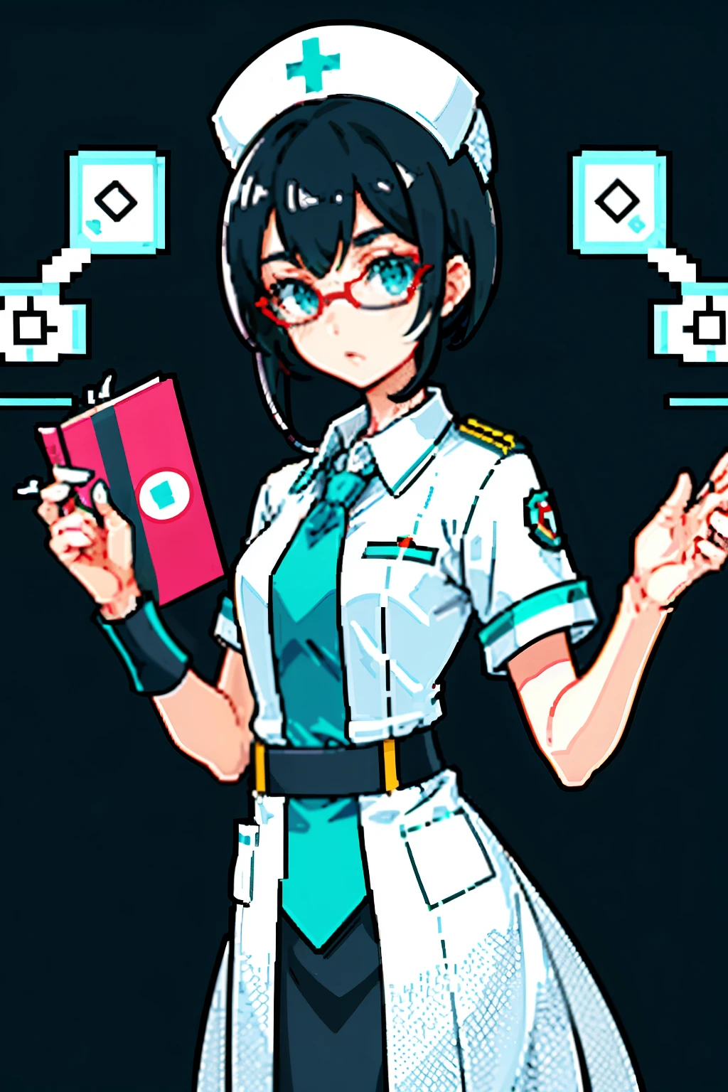 Miku, reimagined as a nurse, exudes professionalism with a touch of charm. (close-up: 1.3) A meticulous depiction captures her black twisted hair, accentuated by a white nurse's cap adorned with red crosses. She wears round eyeglasses and her short, detailed hair is neatly dressed. The setting is a colorful hospital background, with radial lines subtly hinting at the medical environment.
(zoomed out: 1.1) Miku stands in a bustling hospital wing, her white uniform gleaming under bright hospital lights. A stethoscope hangs around her neck, and she is poised to